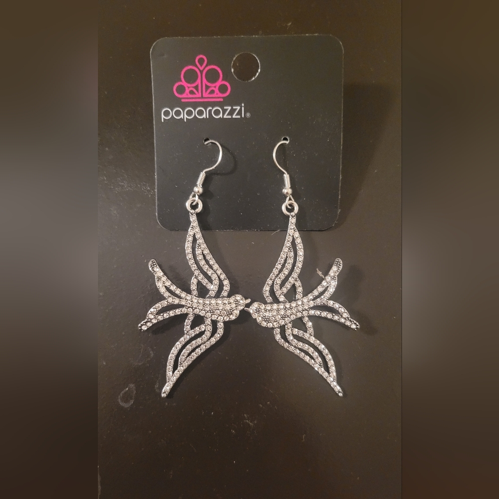 Paparazzi Silver Sparkling Dove Wing Dangle Earrings